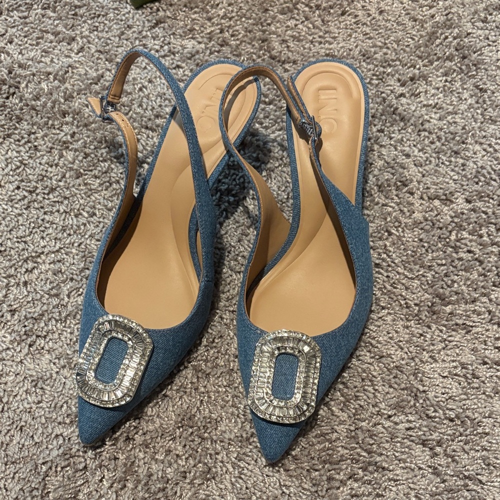INC International Concepts Blue Slingback Heels with Crystal Buckle